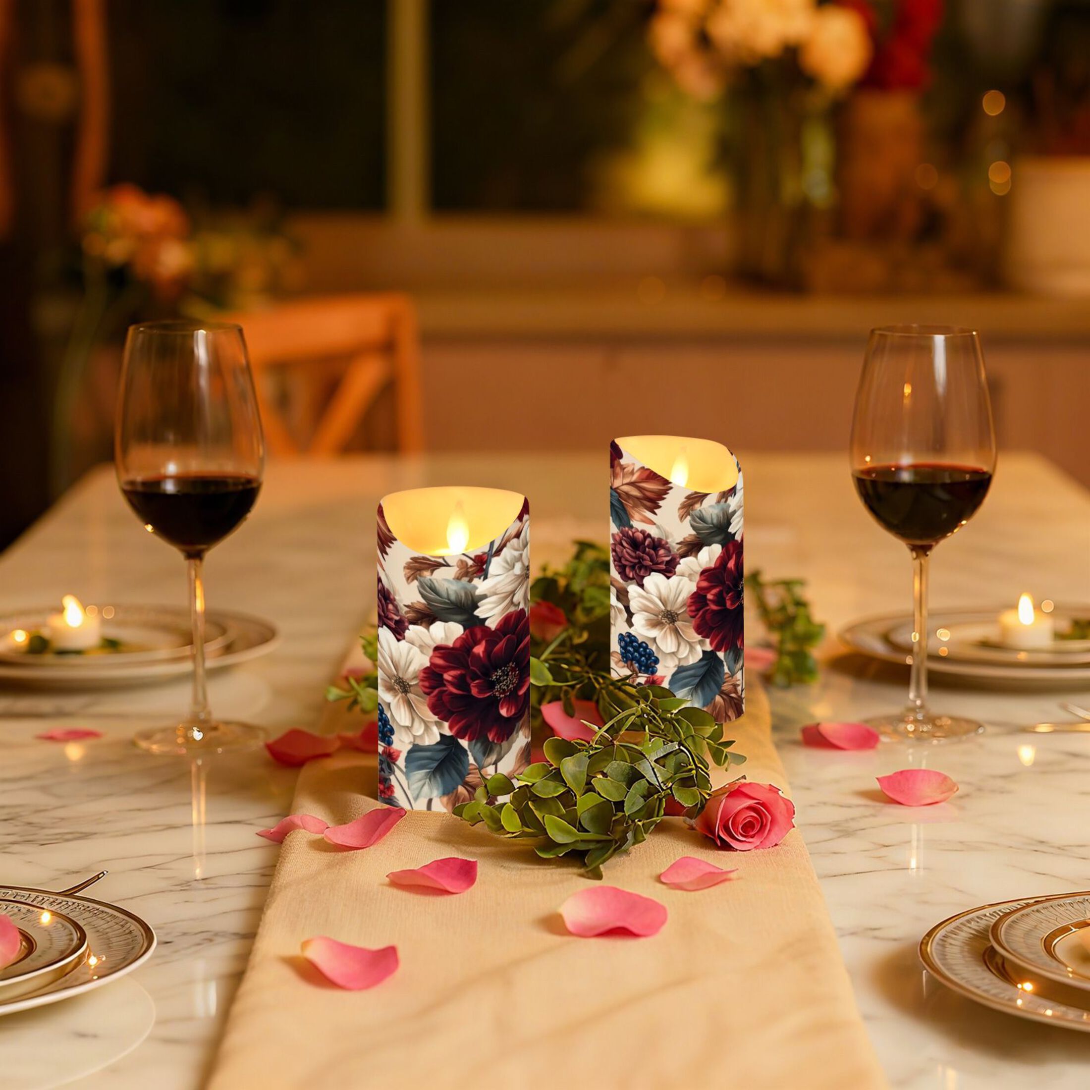 2 PCS Tilted Flameless Candles Flickering LED Lights Battery Operated Candles with Remote Timers for Holiday Decor Burgundy Hydrangeas