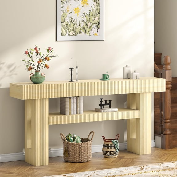 Winkalon 63" Fluted Entryway Console Table, Farmhouse Long Narrow Wooden Sofa Table Behind the Couch for Living Room, Hallway, Entrance, Foyer, Oak