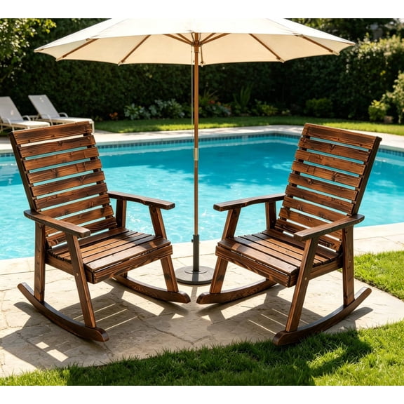 Outdoor Solid Wood Rocking Chairs Set of 2 for Adults, 2PCS Patio Rockers with High Back for Porch, Garden, Lawn, Brown