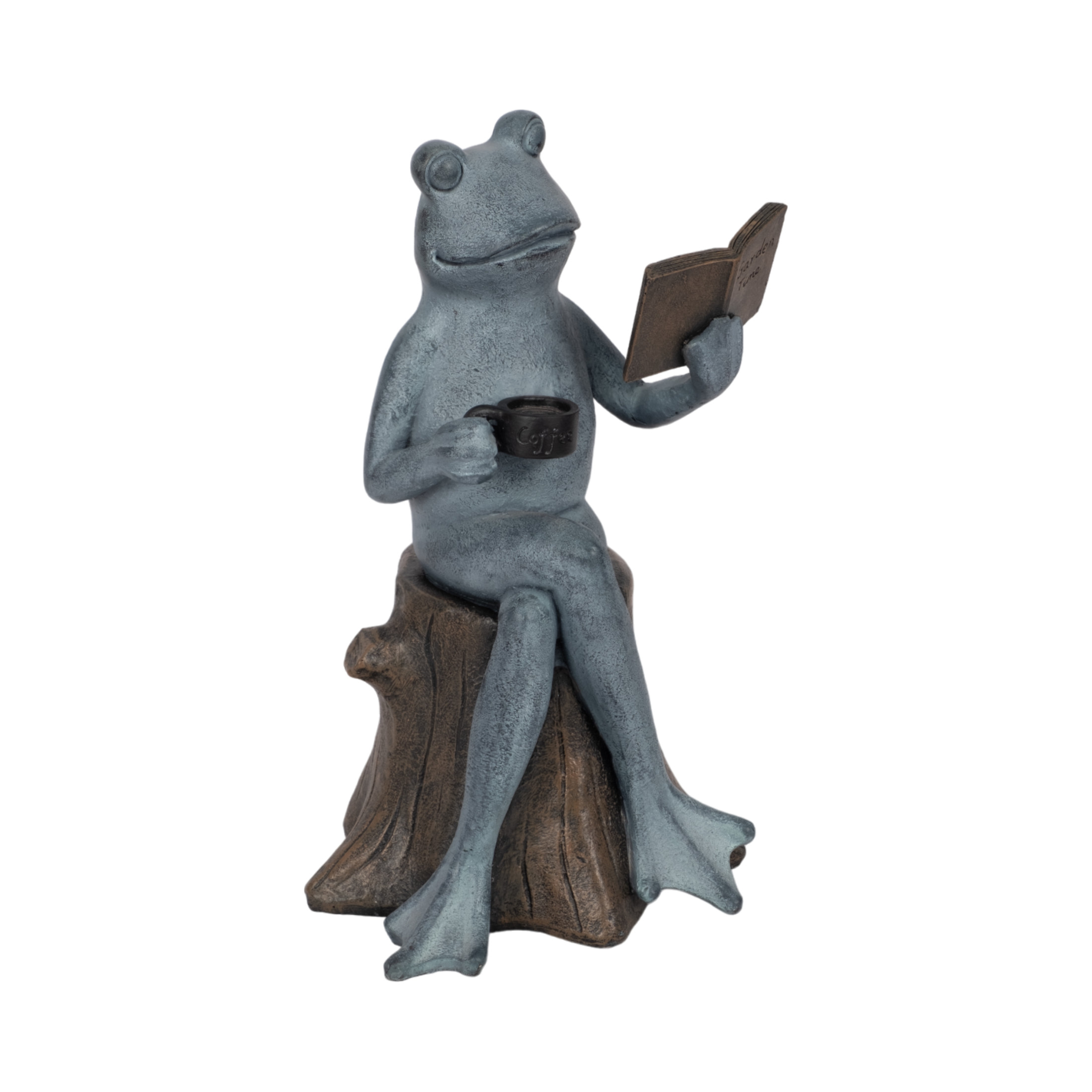 Decorative Resin Frog On Stump Statue for Garden Decor - Front Porch Accent for Landscape, Patio, or Outdoor Lounge Sitting Decor - Yard Sculpture for Walkways or Backyard - 13", Gray & Bronze