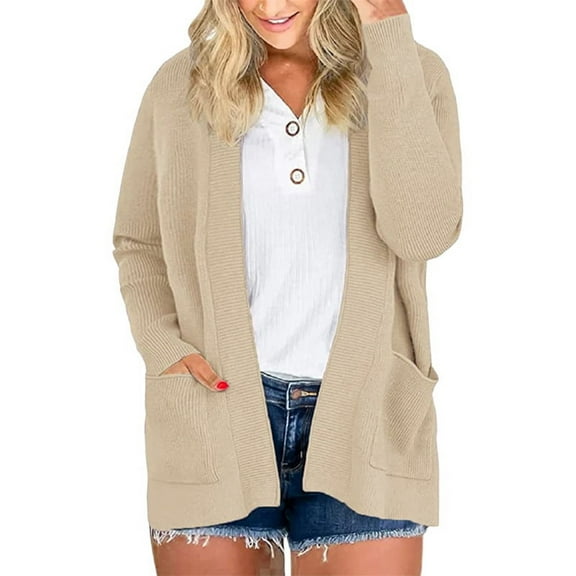 QINCAO Womens Open Front Cardigans Casual Long Sleeve Classic Knit Sweater Outerwear with Pockets M-3XL