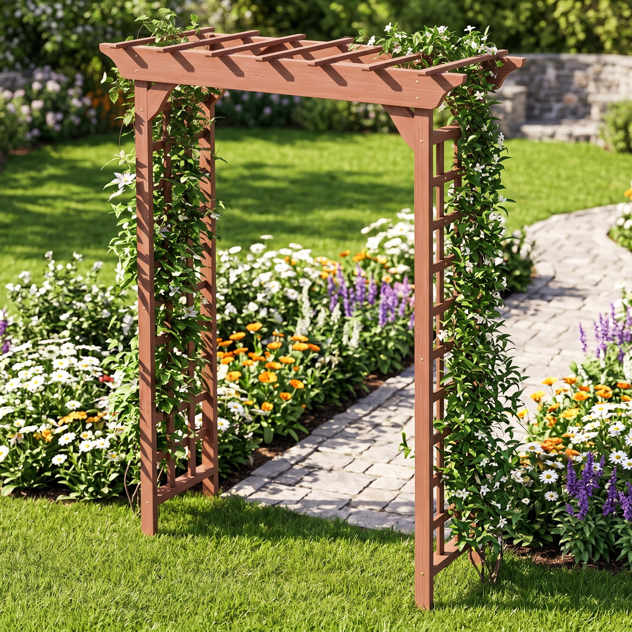 Wooden Garden Arbor with Lattice Trellis Pergola Top Outdoor Wedding Backdrop Plant Climbing Support