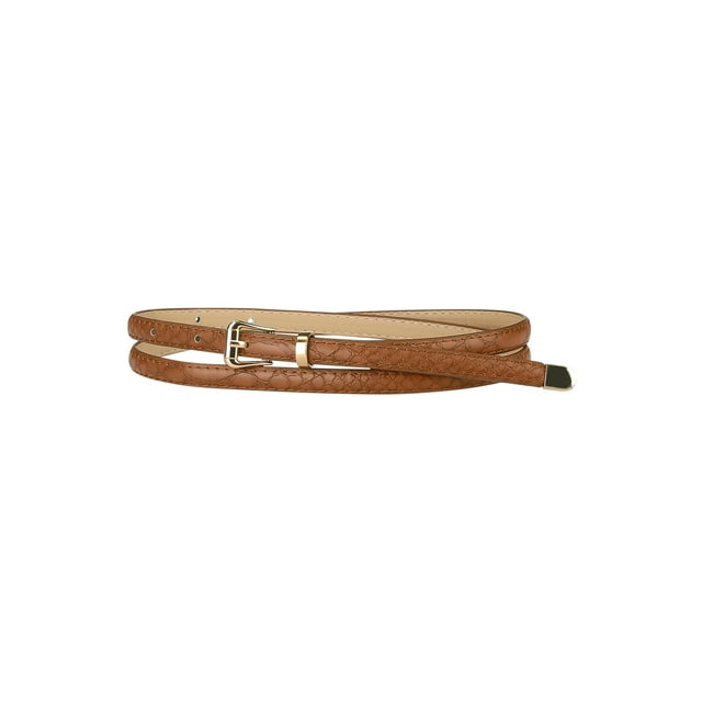 Cinturones delgados de cuero grabado para mujeres INSPIRE CHIC con hebilla de pin de aleación color marrón rojizo 104cm/41''