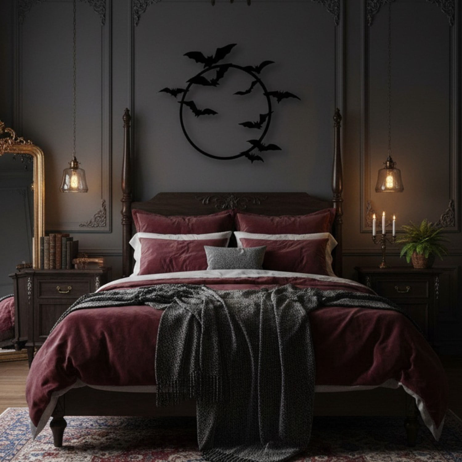 Gothic Bat Wall Decor, Winged Silhouette Metal Sign for Indoor and Outdoor Halloween