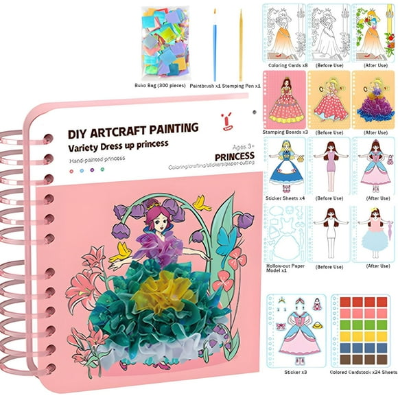 8-in-1 Magic Princess Craft Set, 8 in 1 Poke Craft Kits for Girls, Magic Princess Crafts, DIY Activity with Princesses Stickers, Foil Crafts Art Fun & Gem Painting for Boys & Girls (Pink)