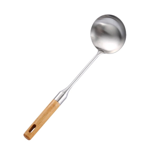 FACEGA Soup Spoons Anti-Slip Stainless Steel Ladle Wooden Handle Thicken Soup Ladle,Silver