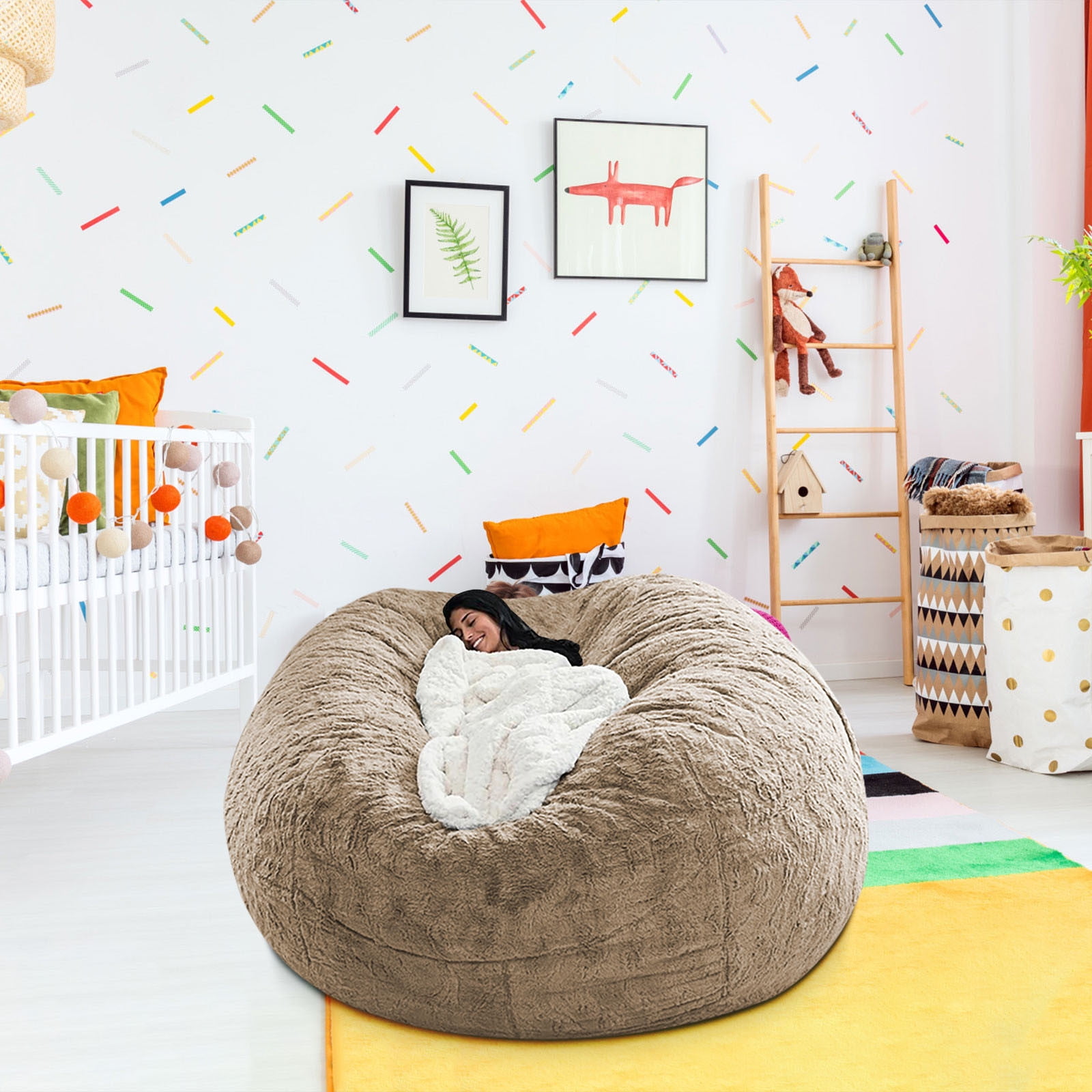 XEOVHV Giant Fur Bean Bag Chair Cover for Kids Adults, Living Room Furniture Big Round Soft Fluffy Faux Fur Beanbag Lazy Sofa Bed Cover(Cover only, No Filler, Khaki, 7FT)