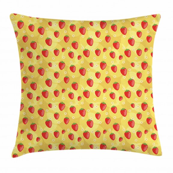 Strawberry Throw Pillow Cushion Cover, Retro Spring Theme Print with Fruits Flowers on Background with Circle Shapes, Decorative Square Accent Pillow Case, 20 X 20 Inches, Multicolor, by Ambesonne