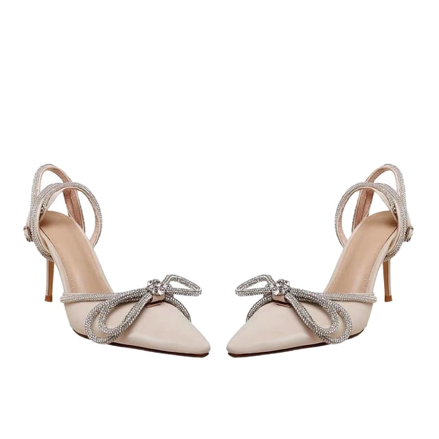 Sandalias con correa en el tobillo con punta en pico para mujer, exquisitos diamantes de imitación, decoración de lazo, zapatos de tacón alto con punta cerrada, color Beige, talla 36