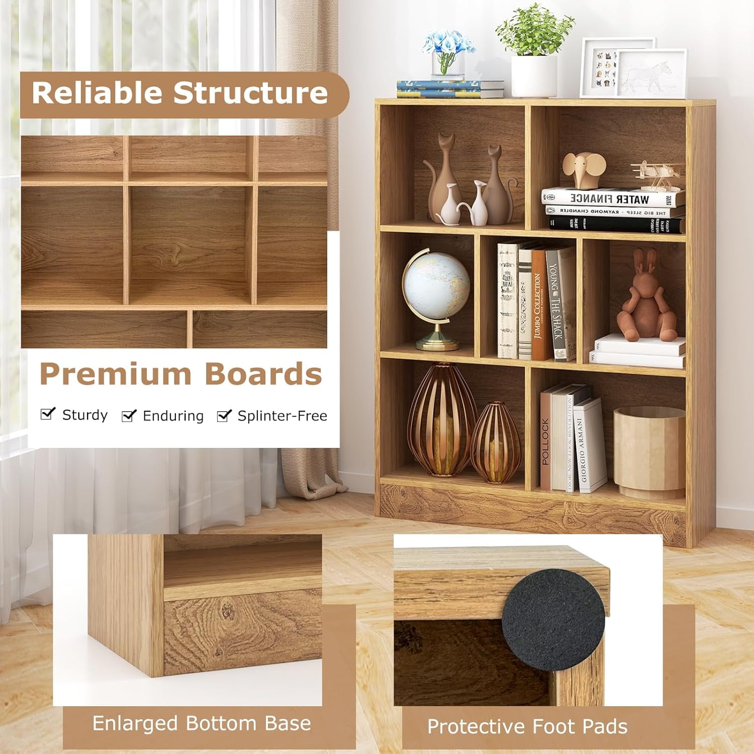 WBTER 7-Cube Bookshelf, 41” Floor Bookcase with 2 Anti-Tipping Kits, Freestanding Storage Organizer, 4-Tier Display Shelf for Home, Office & Dorms (Natural, 7-Cube)