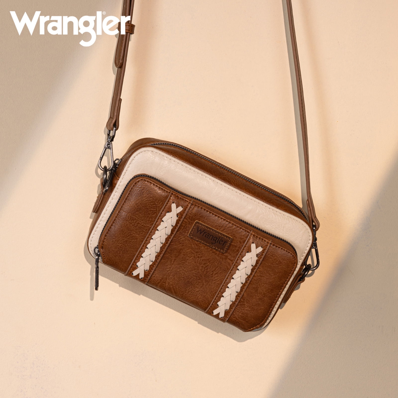 Wrangler Crossbody Bag for Women Vegan Leather Western Shoulder Purse Small Multi Pocket Crossbody Wallet Purse Crossover Bags with Adjustable Strap, Brown-Begie