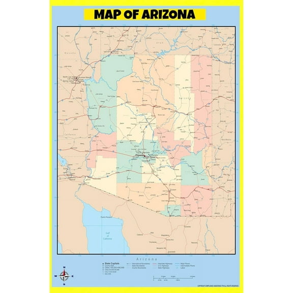 Arizona Map Poster - Laminated Wall Map - Style C - 18x24 - Ideal for Classrooms and Homes – Features Bright Colors and Vivid Imagery