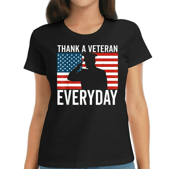 Thank A Veteran Everyday Memorial Day Veterans Day Flag Graphic T-Shirt for Women – Comfortable and Trendy Short Sleeve Tee Black S