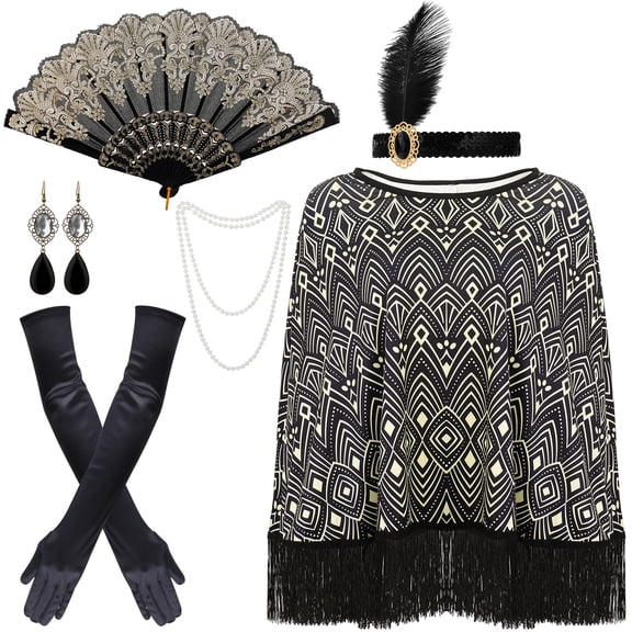 sixwipe 8 Pcs 1920s Flapper Accessories Set for Women, Roaring 20s Accessories with Vintage Dress Shawl, 1920s Women Outfits Costume for Women Cosplay Party Favor Bachelorette Party