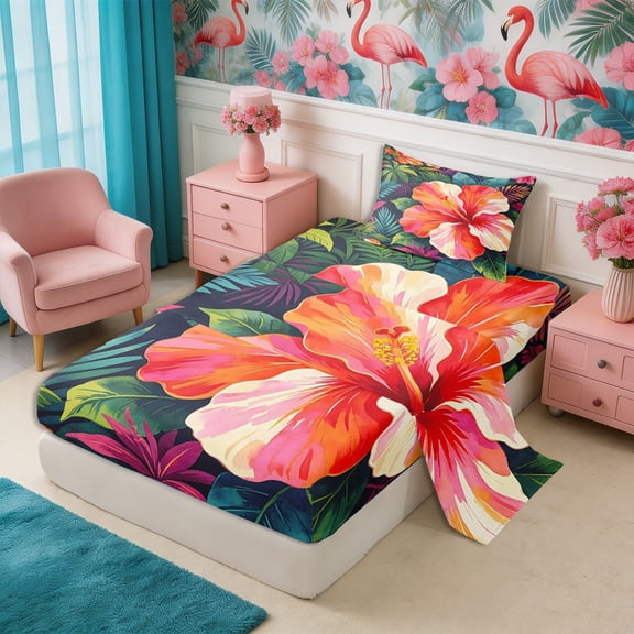 Manfei Boho Flowers Twin Sheets 3pcs,Hawaiian Tropical Botanical Bedding,1 Flat Sheet,1 Fitted Sheet and 1 Pillowcase