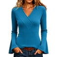 thumbnail image 2 of CQONEPT Womens Ribbed Knit Bell Sleeve Tops Plain Slim Fit V Neck Blouses Dressy Casual Going Out Shirt Tees Daily Wear Work Office Fall Outfits M, 2 of 7