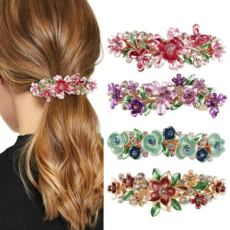 Rhinestone Crystal Butterfly Hair Barrettes，Happon 4pcs Decorative Butterflies Hair Clips French Barrette Vintage Sparkly Crystal Flower Hair Clips Bridal Hair Accessories for Women Girl