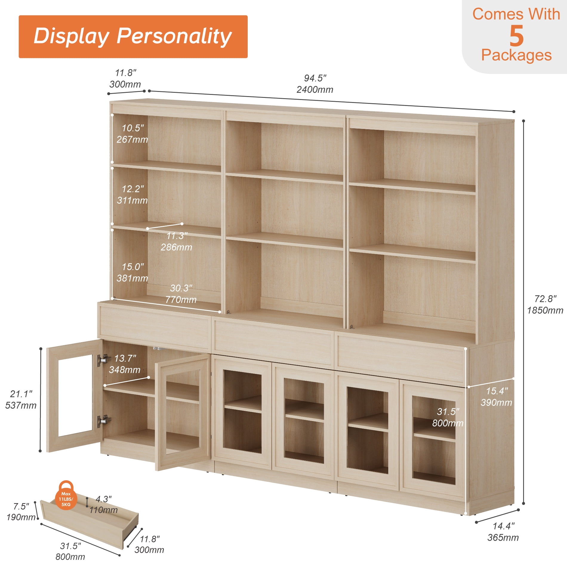Modern 72" Tall Bookshelf with Glass Doors & Drawers, Library Bookcase with Storage Cabinet and Open Shelves,Beige