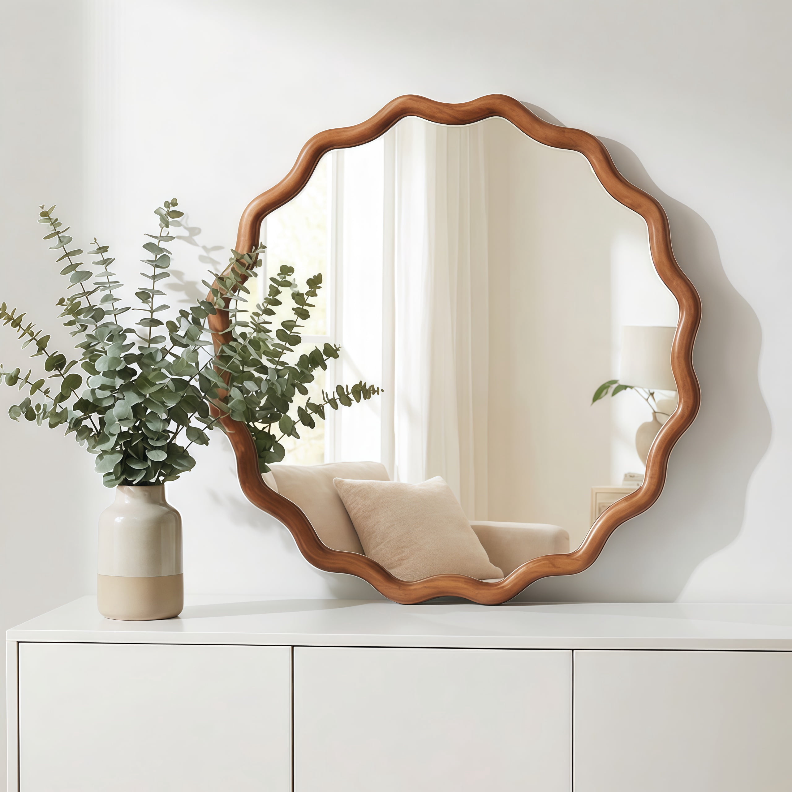 24-Inch Wavy Round Solid Wood Frame Mirror, Decorative Wall Mirror and Vanity Mirror for Bedroom Bathroom Living Room Entryway, Yellowish Brown