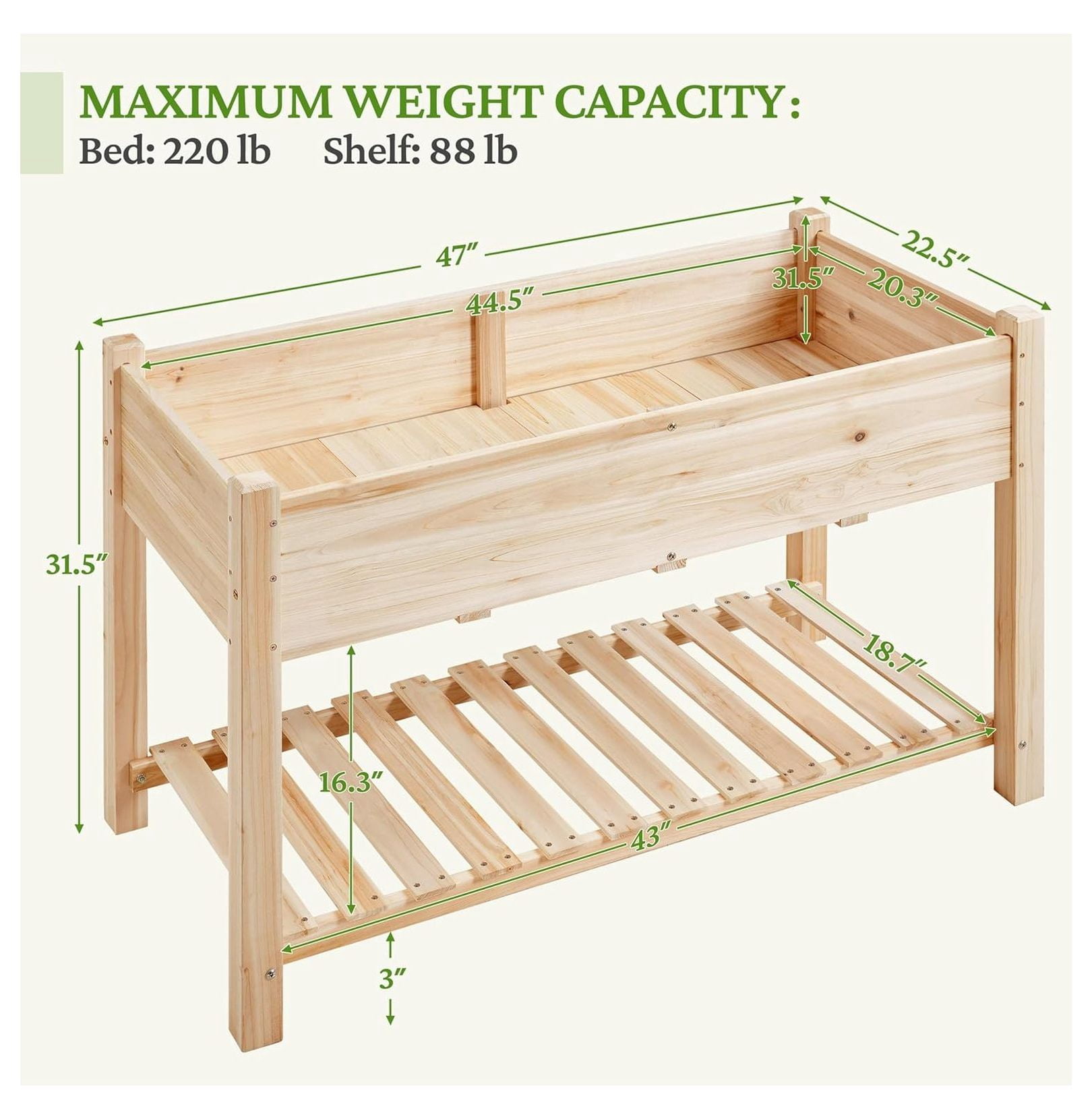 Raised Garden Bed Elevated 2 Tiers Wood Planting Bed Above Ground Planter Box for Vegetables Flowers Outdoor, 47x23x32in