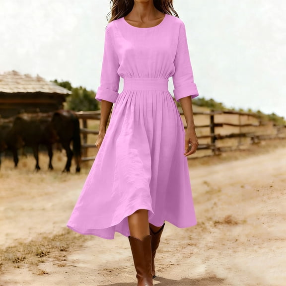 QUNYINEY Sleeveless Women Summer Dresses Faux Cotton Linen Pink Midi A Line Dress Flowy Crew Neck Loose Fit Pleated Dresses