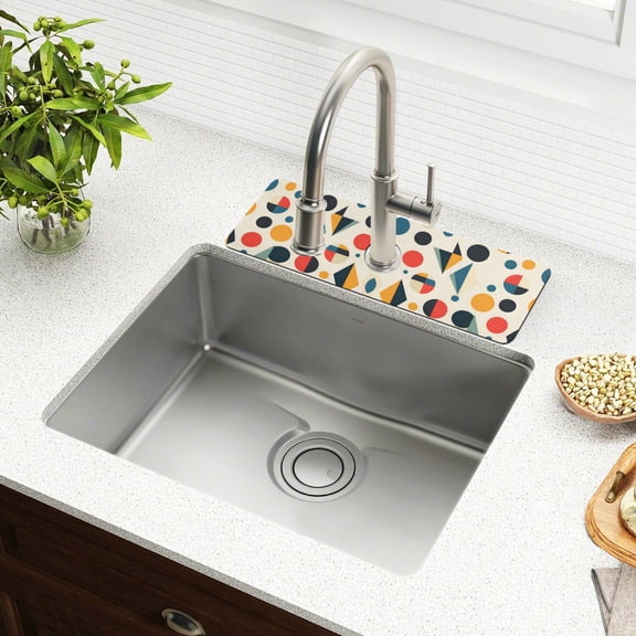 Yayeee Faucet Mat for Kitchen Sink 14.7" Diatomite Long Splash Guard Pad, Red Geometric