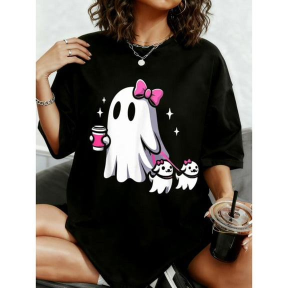 Women's T-Shirt，Cute Ghost with Pink Bow & Coffee Cup Print，Vintage Graphic Tee，Casual Comfort Fit Top，Fashion，cotton，black，S-5XL