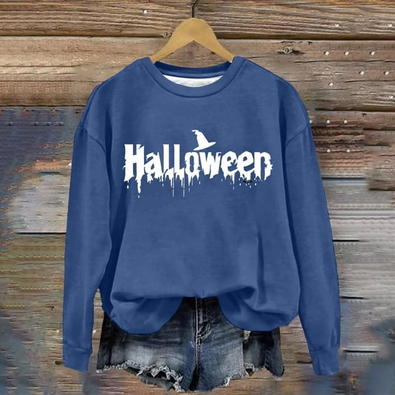 Blue Hoodies for Women Halloween Witch Sweatshirt Women Season Sweatshirts Halloween Bat Long Sleeve Fall Crewneck Pullover Tops Going Out Tops for Women