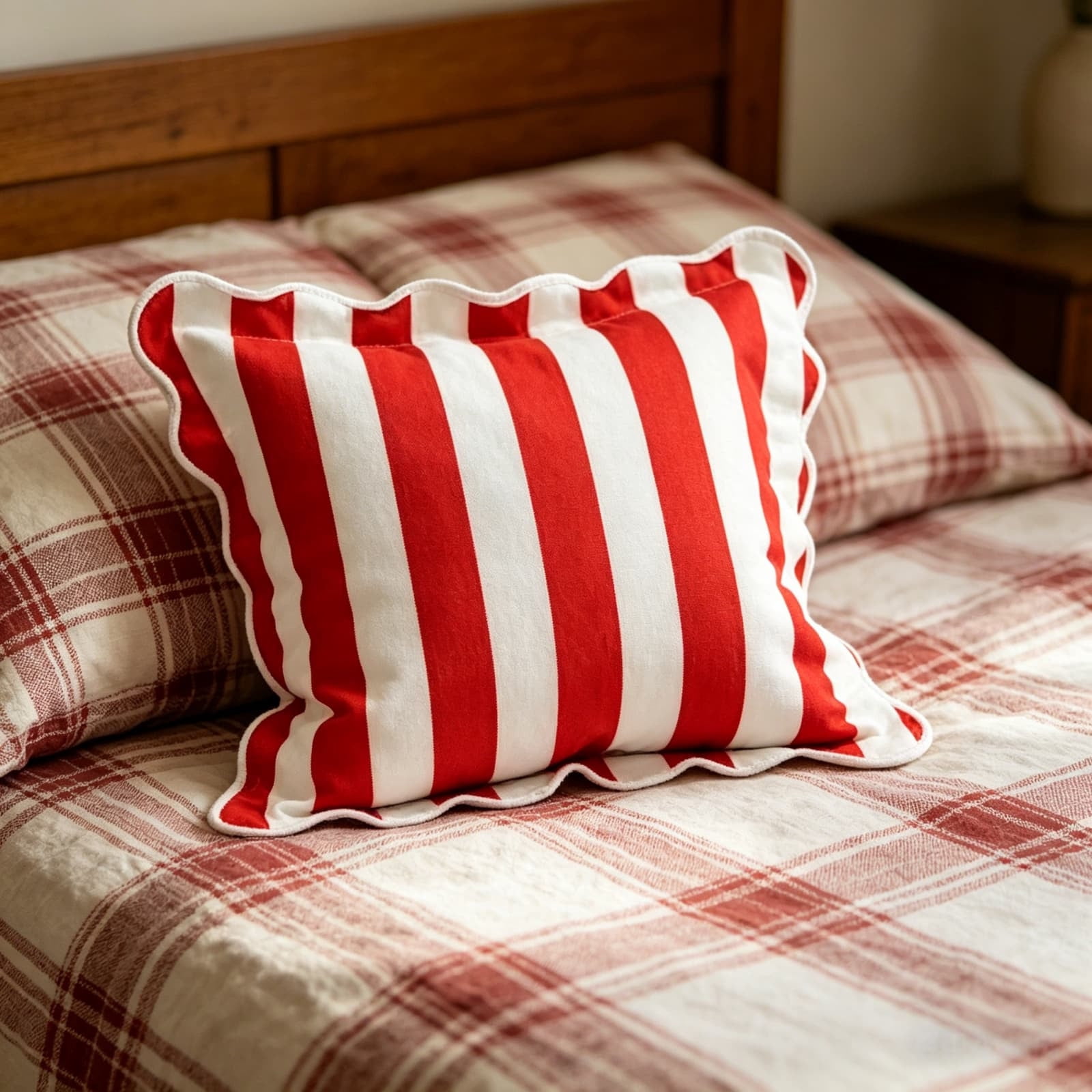 2026 New 18x18 Inch Red and White Striped Throw Pillow with Scalloped Edges, Patriotic Decorative Cushion for 4th of July, Americana Style Accent Pillow for Sofa and Bed