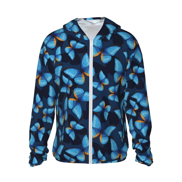 Fotbe Blue Butterfly Chaqueta con Protección Solar UPF 50+ para Hombre y Mujer, Camisa con Capucha y Bolsillos-X-Large