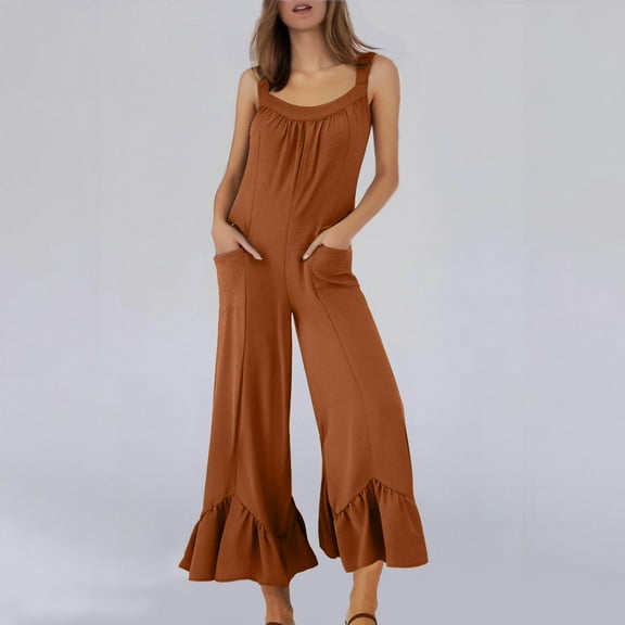 Zunfeo Dressy Jumpsuit for Women Summer Sleeveless Wide Leg Jumpsuits Sexy Backless One-piece Pants with Pockets Brown S