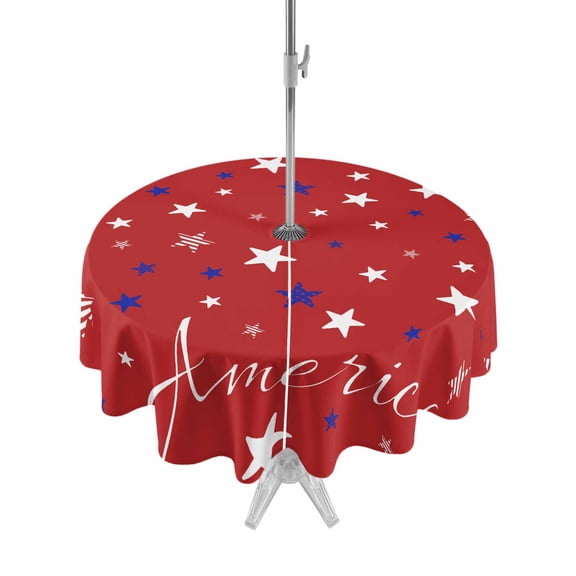 Outdoor Tablecloth with Umbrella Hole Zipper 4th of July Round Tablecloth 60" Waterproof Outside Table Cloth Red Independence Day White Blue Stars Patio Table Cover Tablecloths for Picnic Party