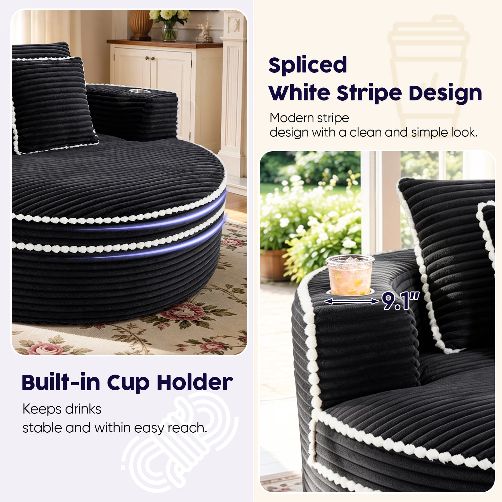 Lunale 54" Oversized Chaise Lounge Chair Indoor, Round Boneless Cloud Couch, No Assembly Required, Accent Reading Chair for Living Room, Black Corduroy