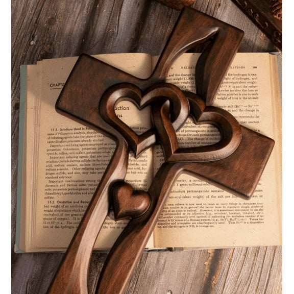 Marriage Cross for Wall Love Wall Decor, Handmade Wooden Intertwined Heart Wall Cross, Jesus Wall Art Christian Decor for Wedding Valentine Christmas Gift - 10 Inch