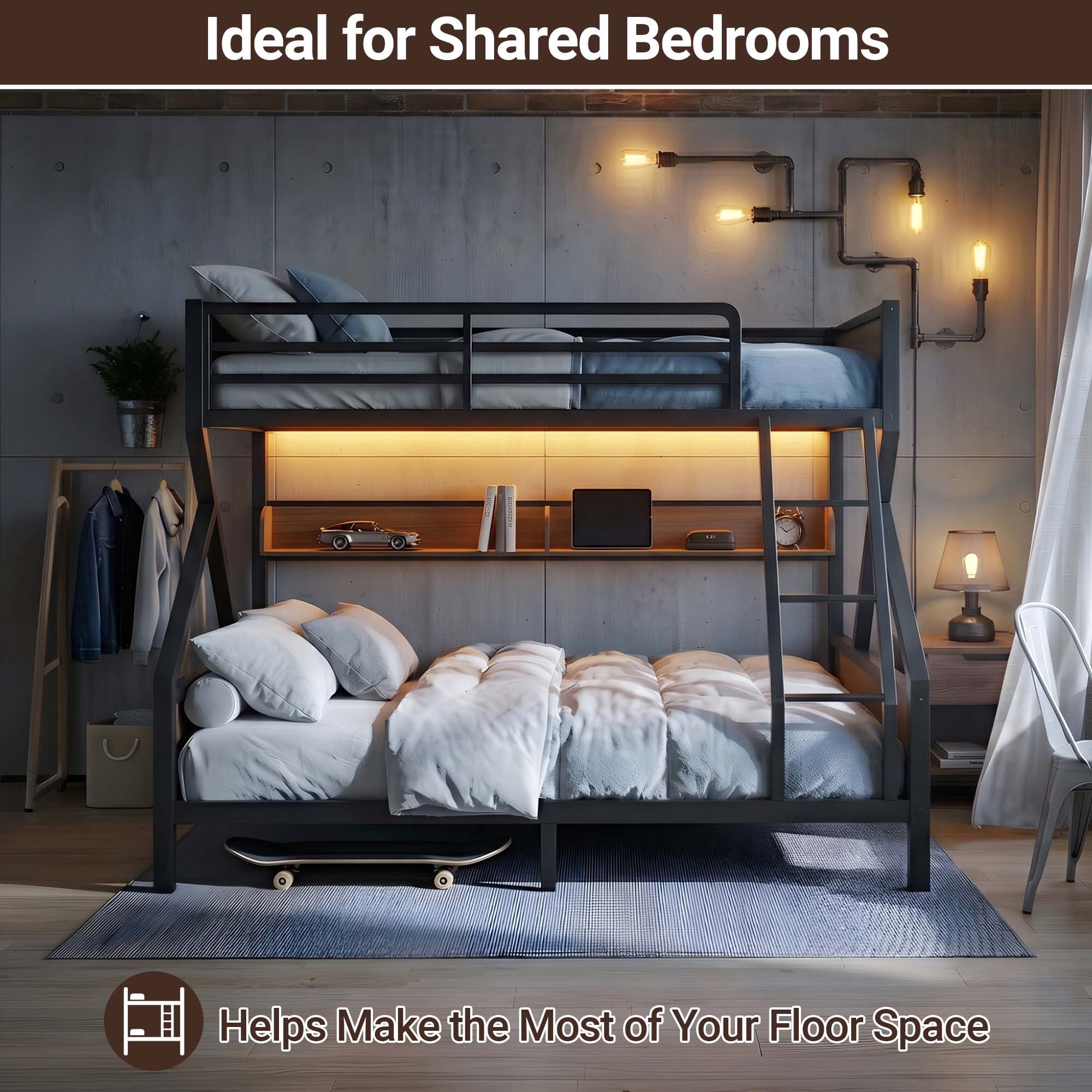 Miniyam Twin over Full Bunk Bed with Storage Shelf and LED Light, Metal & Wood Frame, Black