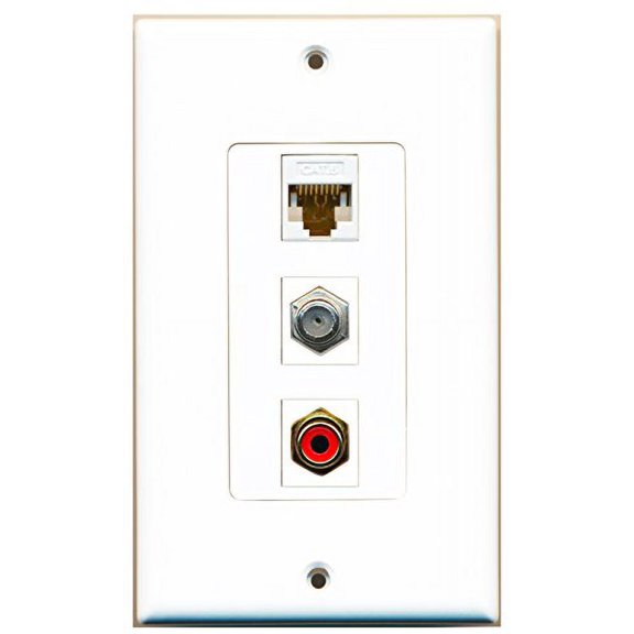RiteAV - 1 Port RCA Red and 1 Port Coax Cable TV- F-Type and 1 Port Cat6 Ethernet White Decorative Wall Plate Decorative