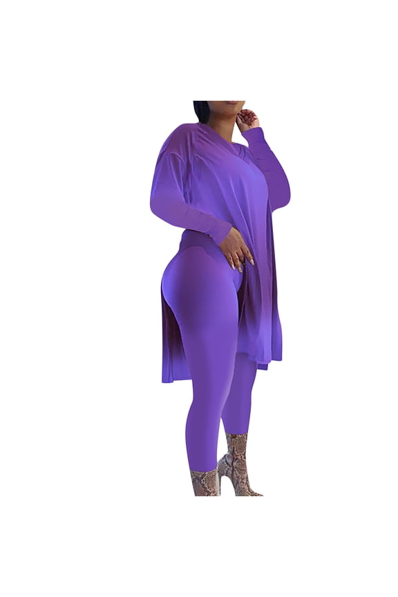 Plus Size 2 Piece Outfits Women's Long Sleeve V Neck Tunic Top And Bodycon Stacked Legging Tracksuit Sets Purple M