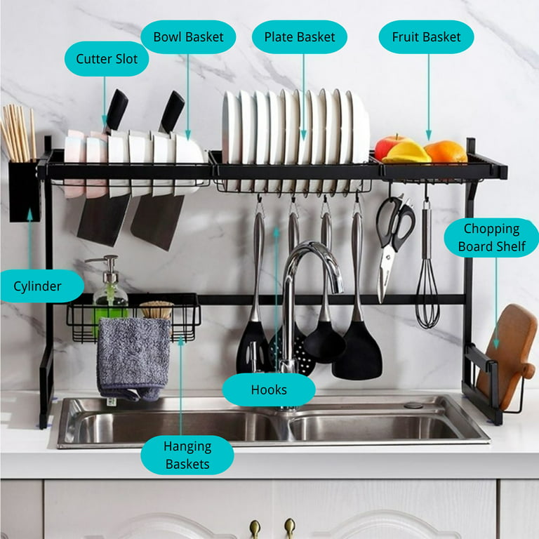 Over The Sink Dish Drying Rack Adjustable(21.7-39.4), 2 Tier Stainless  Steel Large Dish Drainer, Dish Rack Over Sink for Kitchen Counter