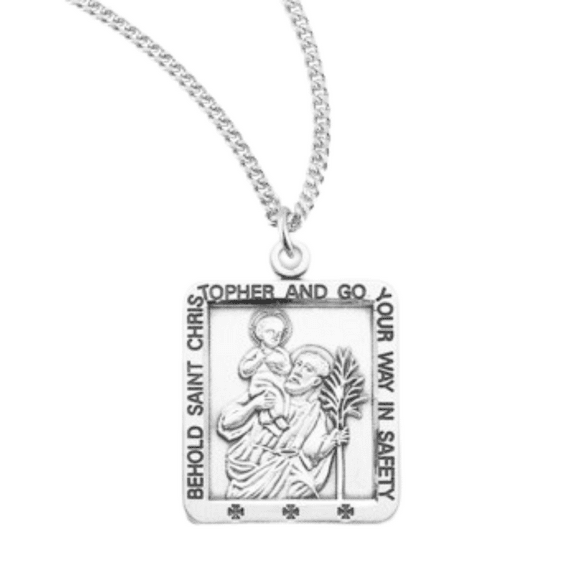 Patron Saint St Christopher Square Sterling Silver Medal, 18" Rhodium Plated Stainless Steel Chain Necklace, Made in USA - Deluxe Velvet Gift Box