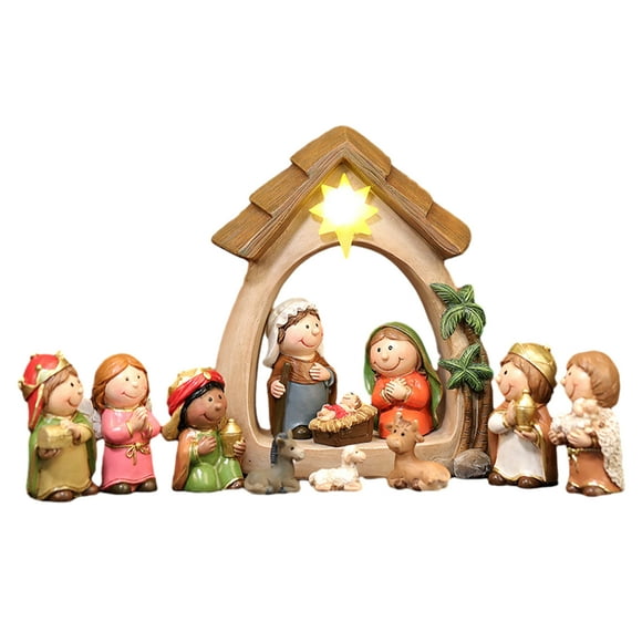 Inteprter Pesebre De Resina Y 11 Figuras De Natividad Luz LED Excepcional Para Regalo Resina Premium Decoración del hogar Multicolor