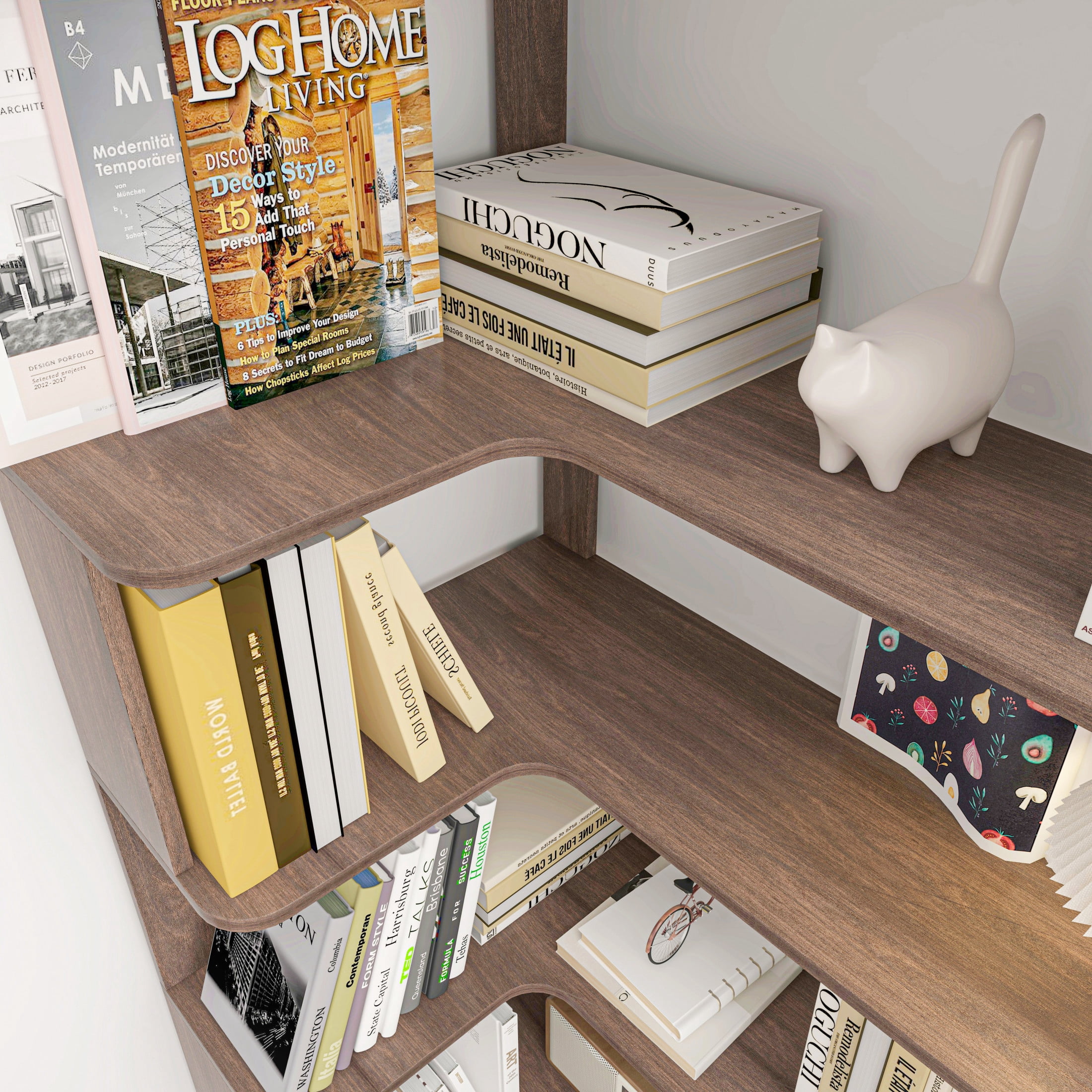 GDF Studio Derwin 5-Tier Corner Bookshelf, L-Shaped Wooden Bookcase for Living Room, Home Office, Dark Brown
