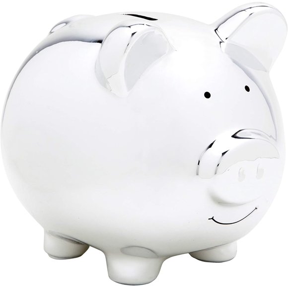 Kate & Milo Mini Ceramic Piggy Bank, Gender Neutral Nursery Décor, Baby Girl and Baby Girl Keepsake Gift, Silver