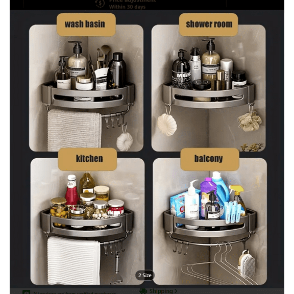 Bathroom Shower No Drilling Adhesive Corner Shelf Storage Wall Mounted Plastic Organizer