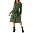 thumbnail image 2 of INSPIRE CHIC Women's Long Sleeve Knitted Dress Ribbed Crew Neck Tie Waist Bodycon Slim Fit Midi Sweater Dresses XS Dark Green, 2 of 5