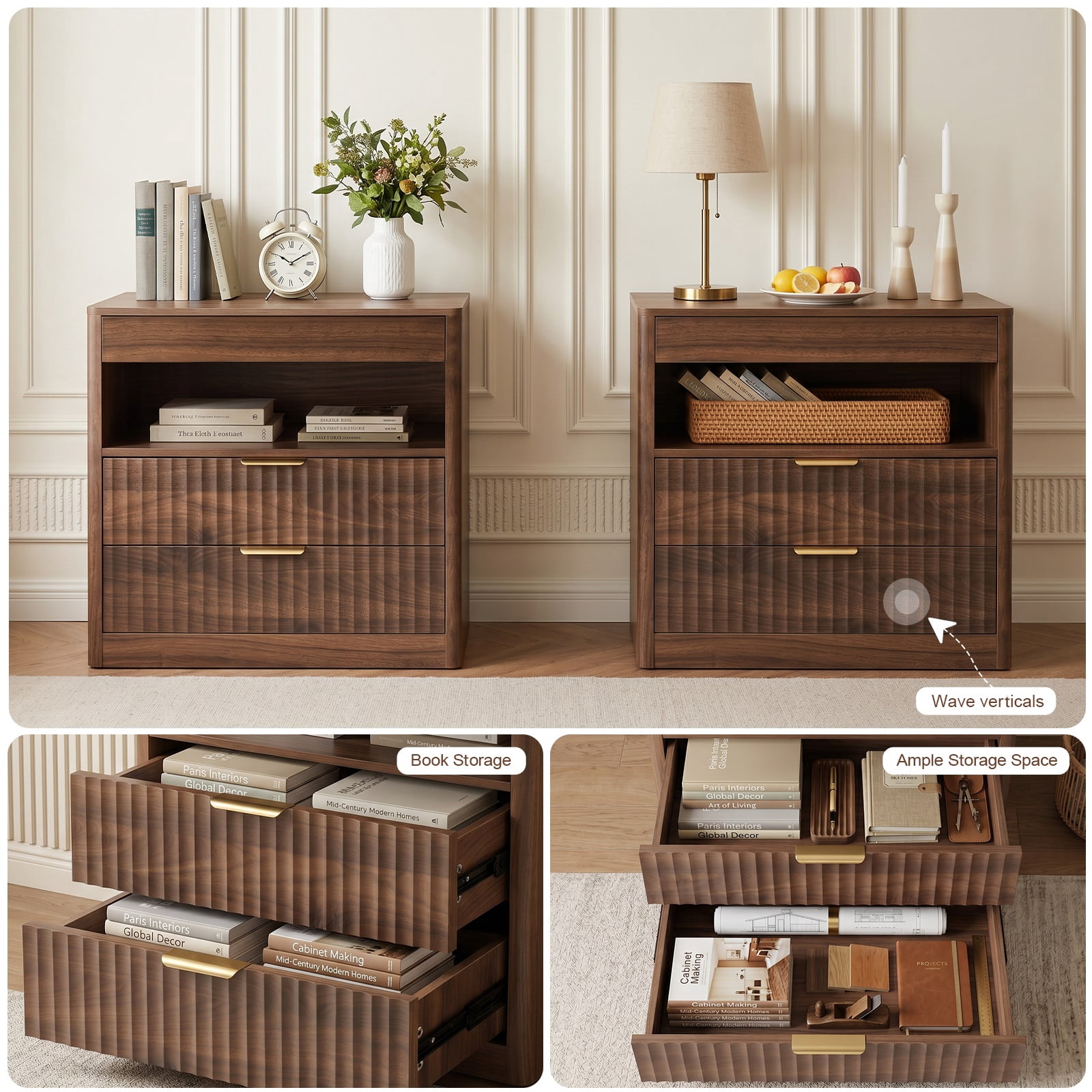 Hommoo Nightstand with 2 Drawers, Pull-Out Shelf & Hidden Power Outlets, Modern Bedside Table for Bedroom, Office or Living Room, Walnut