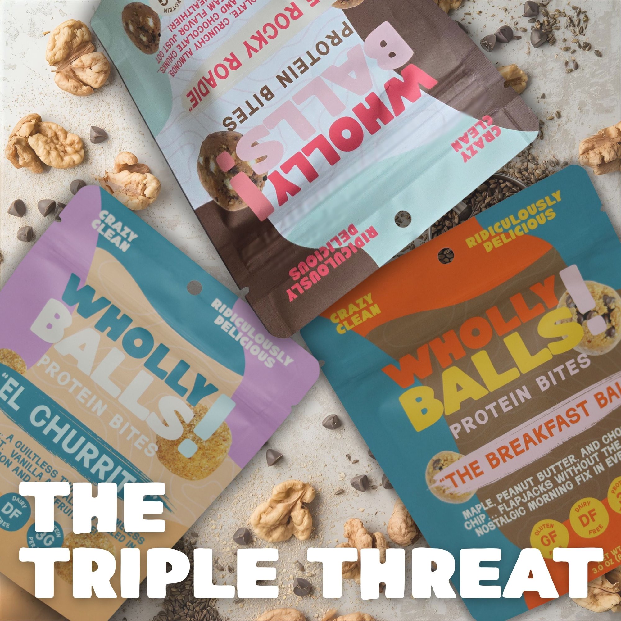 Wholly Balls Protein Bites - Healthy Plant-Based Snack | High Protein, Low Sugar, Gluten-Free Energy Balls (Pack of 6, Triple Threat)