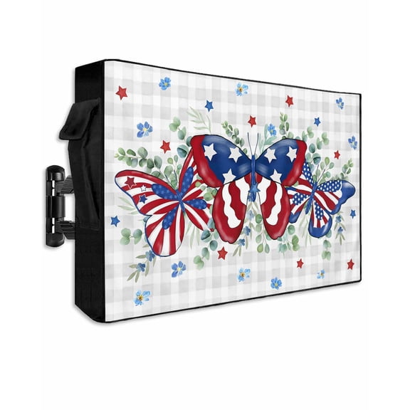 Blue Red Butterfly 4th of July Outdoor TV Cover 60 to 65 Inch Waterproof, Stars Independence Day Grey Plaid 600D Oxford TV Covers with Zipper, Outside Flat TV Screen Protector 58"Wx37"Hx4.5"D