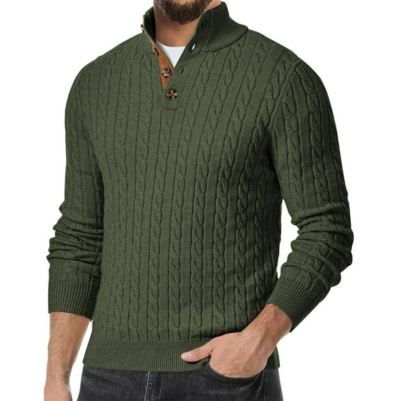 Domuza Mens Sweater Long Sleeve Casual Stand Collar Button Up Cable Knit Sweaters Fall Winter Trendy Slim Fit Twist Patterned Pullover Army Green 2XL