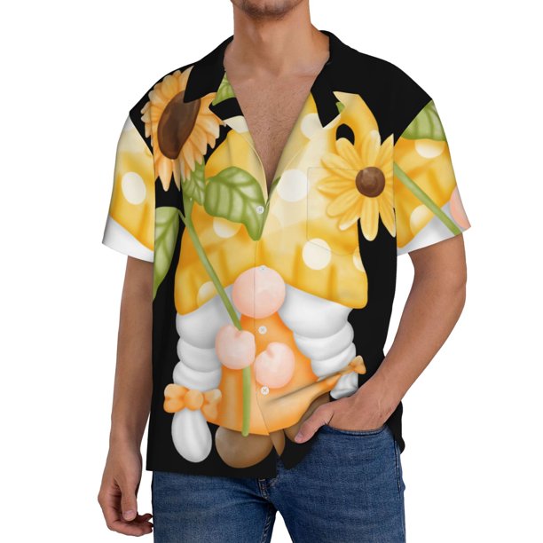 Balery Sunflower Gnomes 3 Camisa Casual de Manga Corta con Botones para Hombre, Texturizada, Estilo Cubano, para Playa, Verano-XX-Large