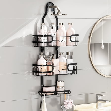Charcrocsm Shower Caddy Rustproof Aluminum Bathroom Shelf Rack Large Shampoo & Soap Holder for Corner or Over-The-Showerhead Installation